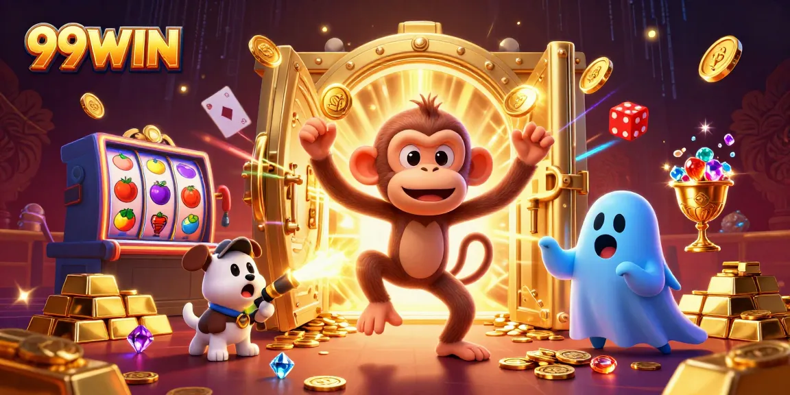 99WIN offers an engaging casino scene featuring a mischievous monkey and a ghost-hunter puppy amidst gold treasures.