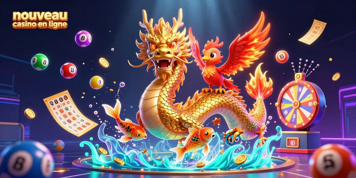 Vivez l'excitation du nouveau casino en ligne à travers l'illustration d'un dragon, d'un phénix et d'une carpe entourés de jeux de loterie.