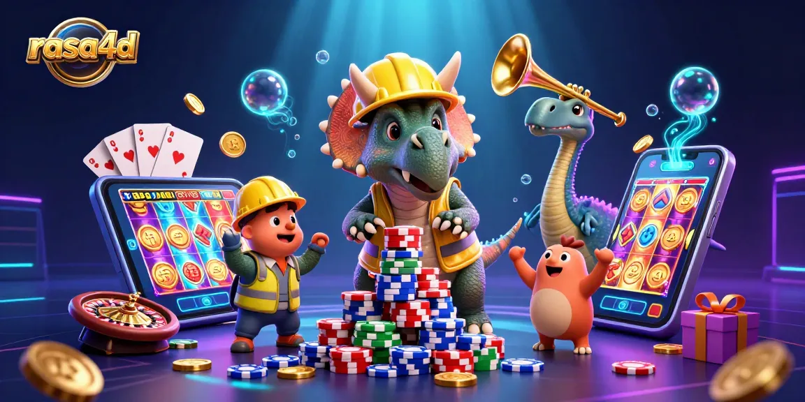 Rasa4d menghasilkan momen kemenangan saat triceratops membangun tumpukan chip poker dengan ponsel 3D yang menunjukkan permainan slot.
