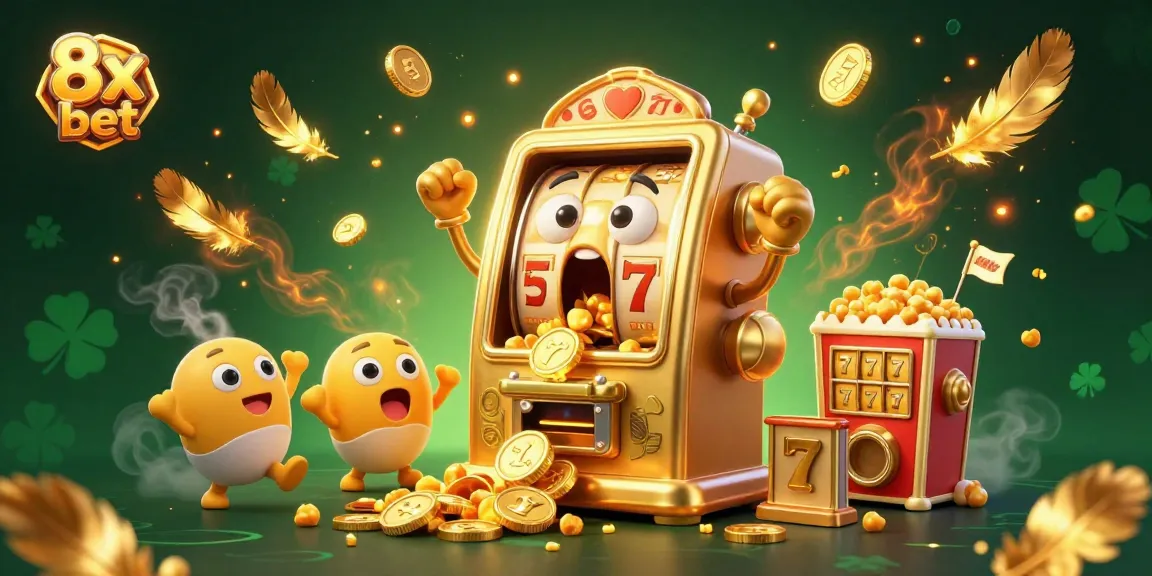 Spin the reels at 8x bet with a cheerful jackpot-winning slot machine, coins flying everywhere!