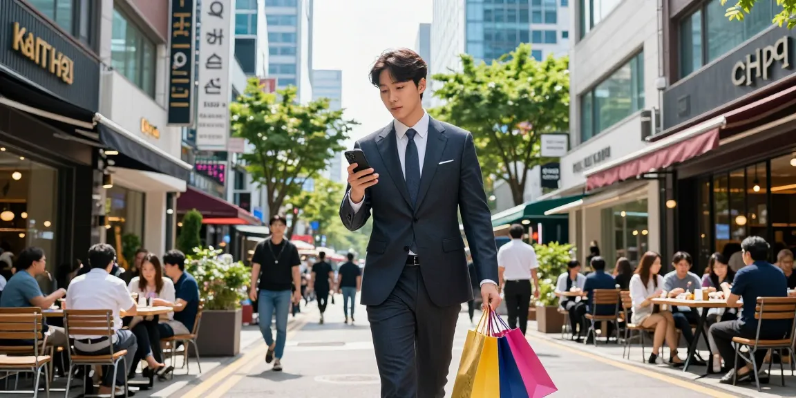 강남 세이렌의 세련된 거리에서 자신감 있는 전문가가 걷고 있는 모습