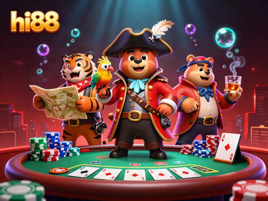 Experience hi88's vibrant casino adventure with a bear captain and his tiger mate at the poker table.