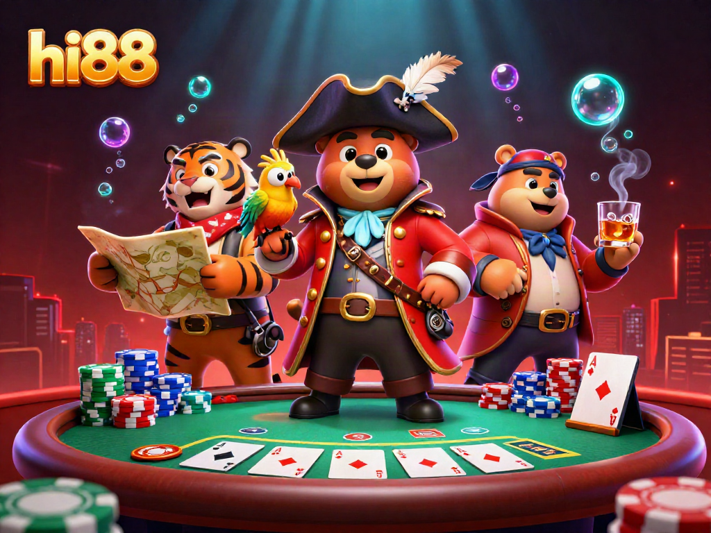 Experience hi88's vibrant casino adventure with a bear captain and his tiger mate at the poker table.