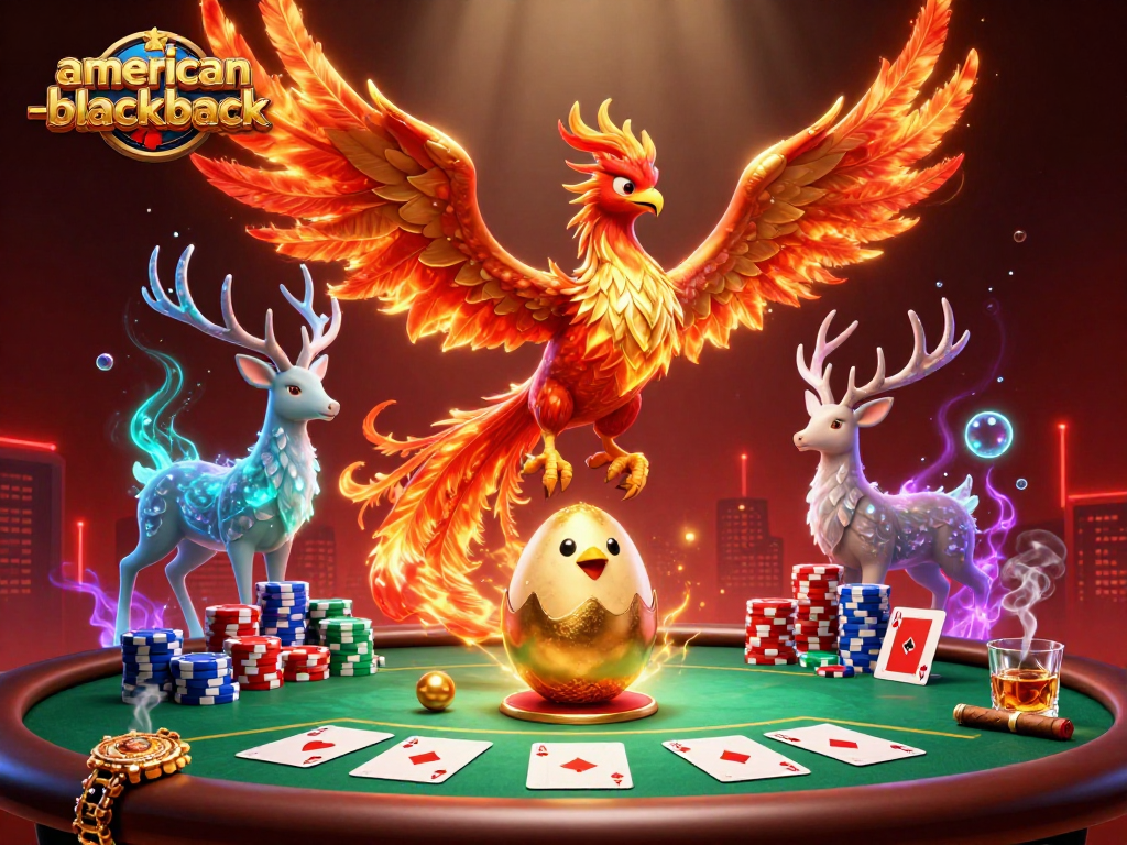 Experience thrilling action in American Blackjack with a phoenix soaring over vibrant casino elements.