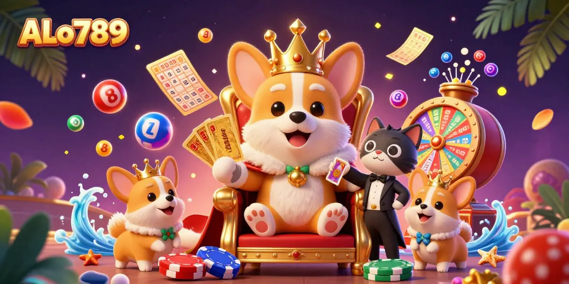Join the fun at ALo789 with a royal corgi overseeing exciting live gambling events in a vibrant casino scene.