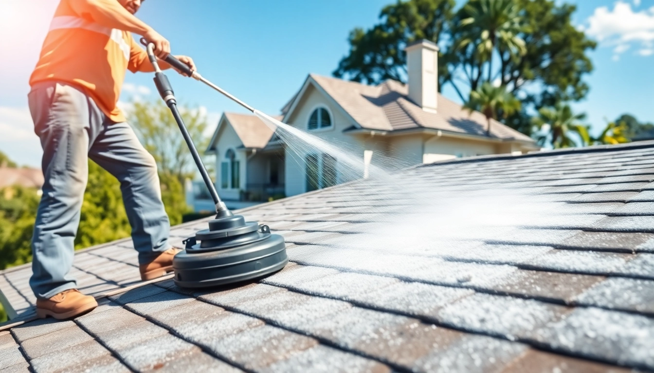 Roof Cleaning service showcasing a technician removing grime from a rooftop with a soft wash technique.