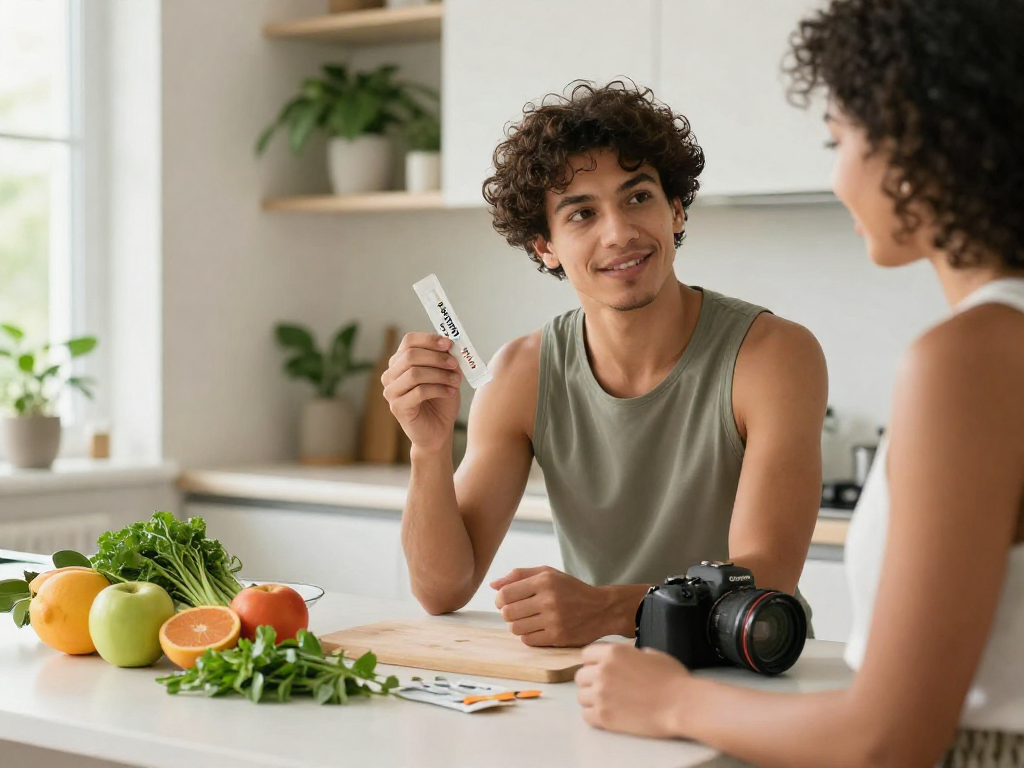 NAD+ benefits are showcased as an individual prepares Restore Blend Peptide Buccal Strips in a bright kitchen.