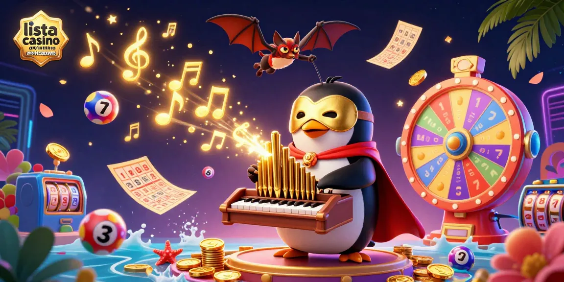 Gioca con la lista casino online non aams in un'illustrazione vivace di un pinguino e fortunati elementi di gioco.