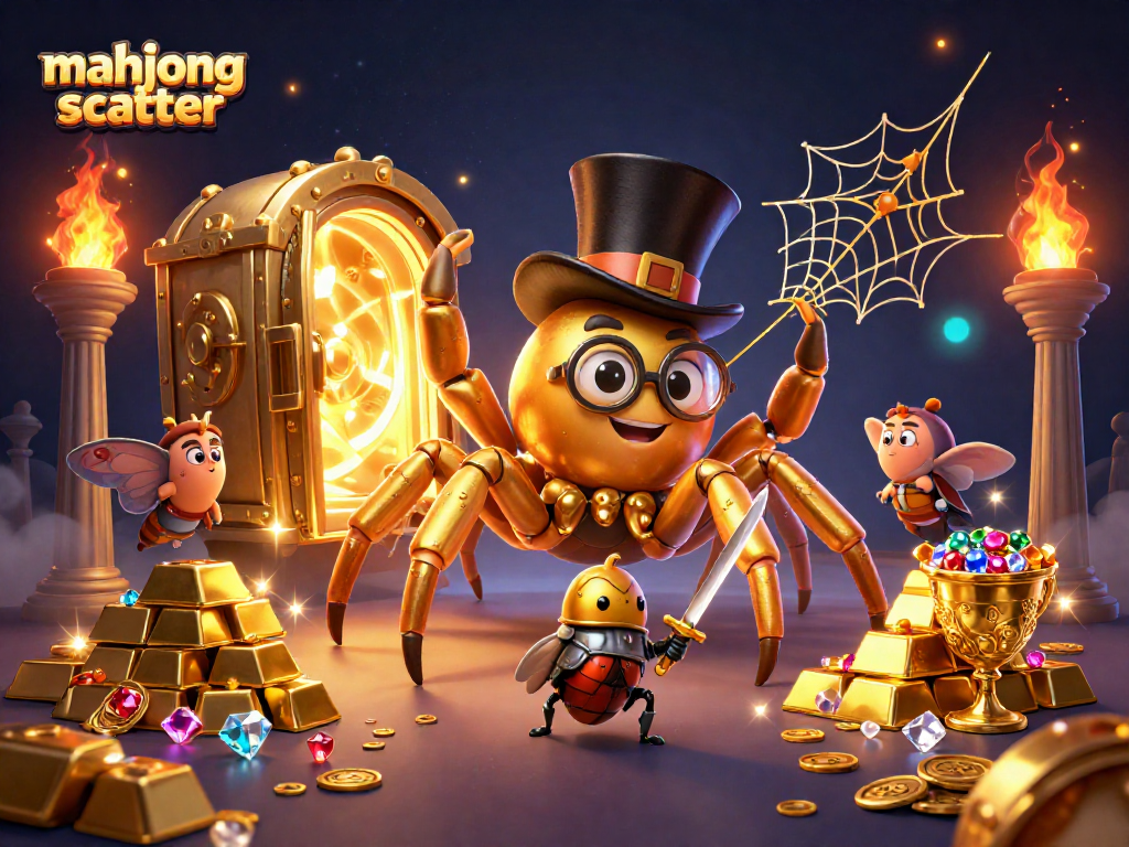 Experience mahjong scatter symbols amid vibrant casino elements with golden treasures and characters.