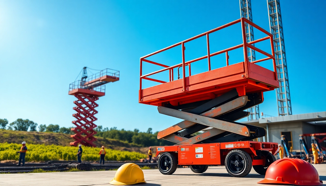Worker using a scissor lift on a construction site with machinery and tools in view.