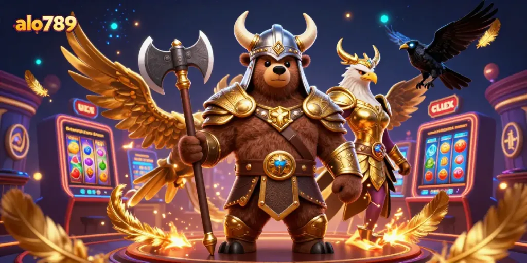 Experience the excitement of gambling with alo789's vibrant casino scene featuring a Viking bear and Valkyrie eagle.