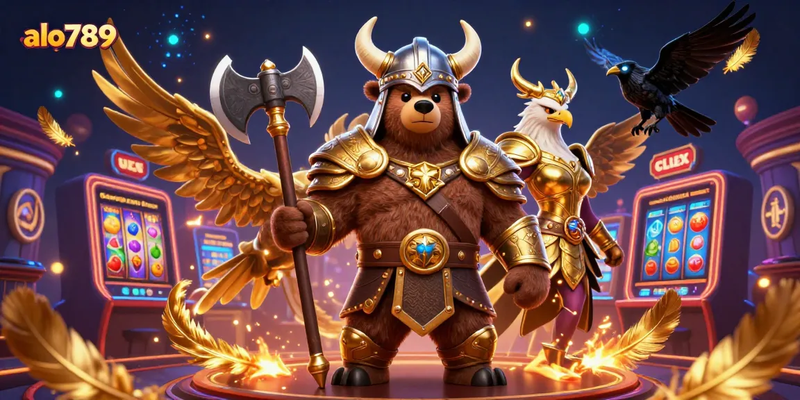 Experience the excitement of gambling with alo789's vibrant casino scene featuring a Viking bear and Valkyrie eagle.