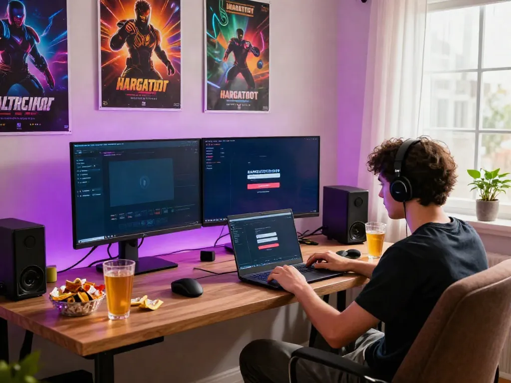 The gaming setup showcasing HARGATOTO login interface amidst an energetic atmosphere, ideal for harga toto enthusiasts.