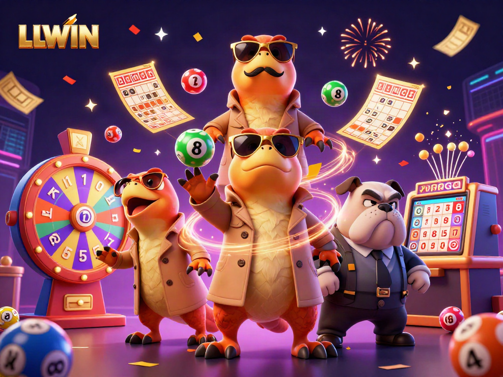 LLWIN showcases three raptors in disguise at a vibrant casino entry, surrounded by lottery elements and excitement.
