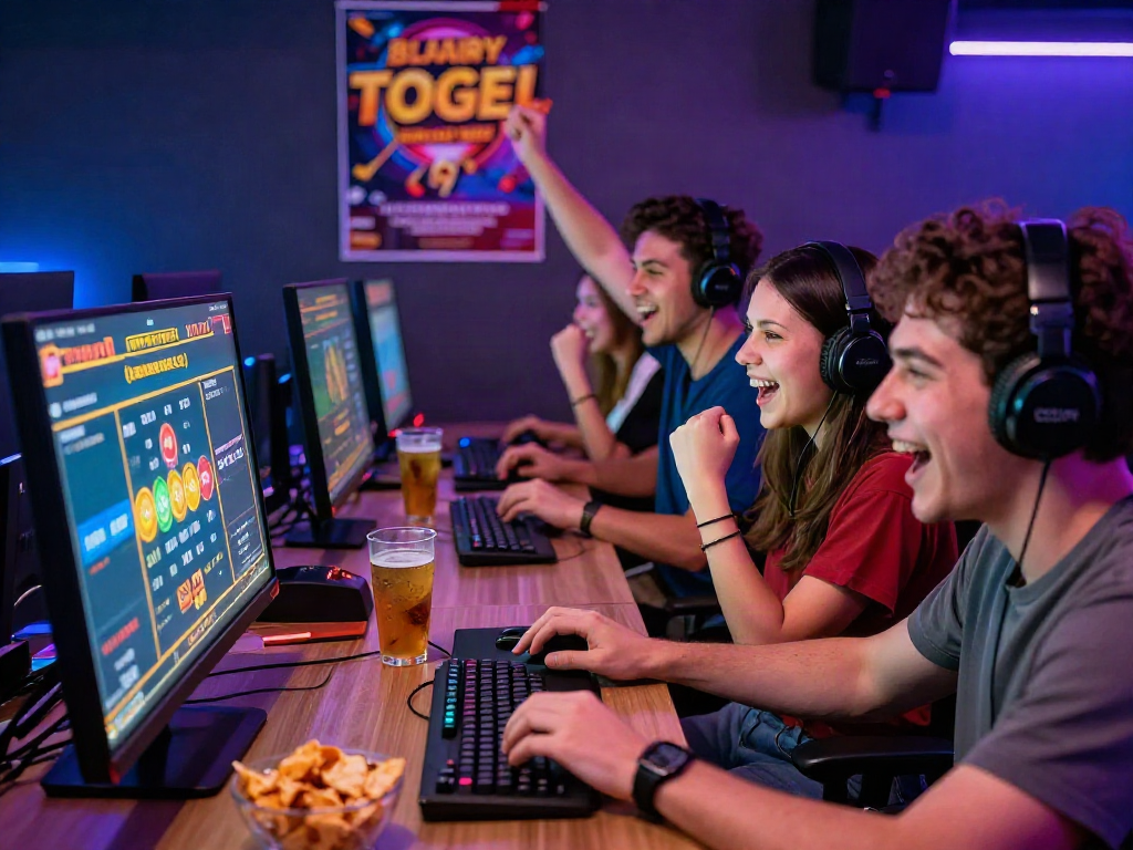 Friends enjoying online situs togel game together, vibrant atmosphere with snacks and excited expressions.