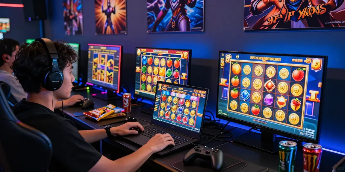 Engaged gamer playing slot jepang games on multiple screens in an immersive gaming setup.