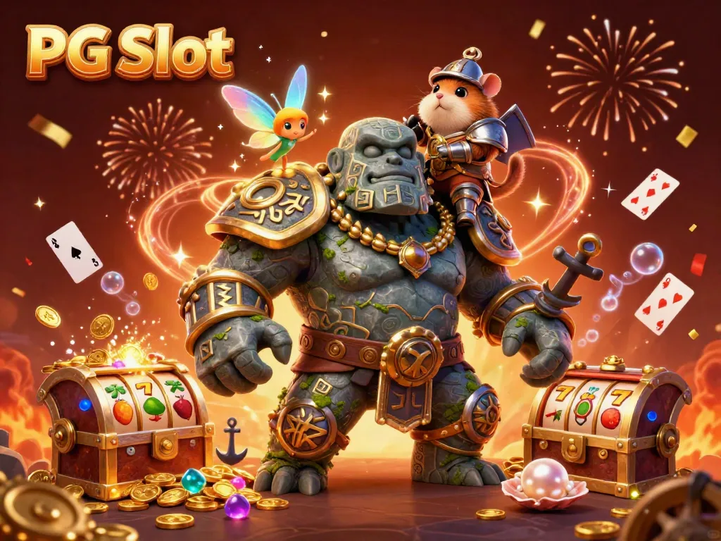 Permainan PG Slot dengan golem beriluminasi dan elemen slot menarik dalam ilustrasi 3D.