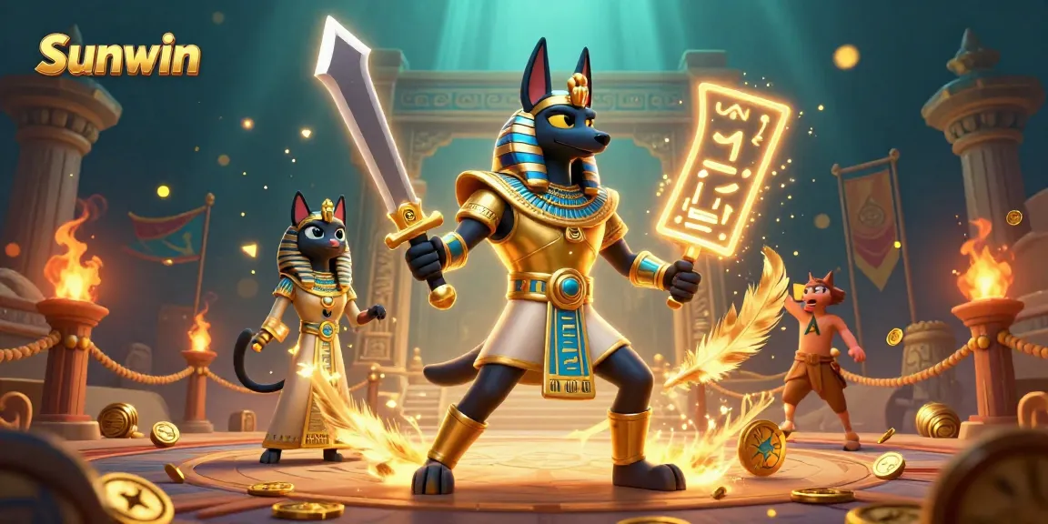 Win big at Sunwin with a vibrant depiction of a gaming arena, featuring Anubis and Bastet.