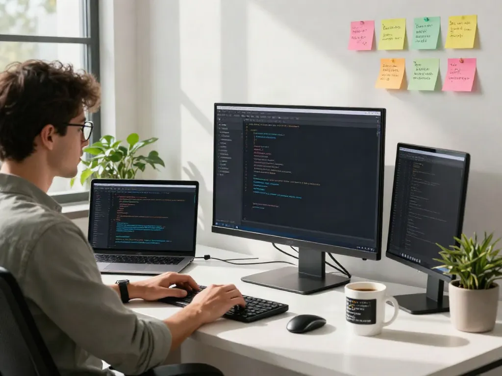 Web developer coding websites in a modern office