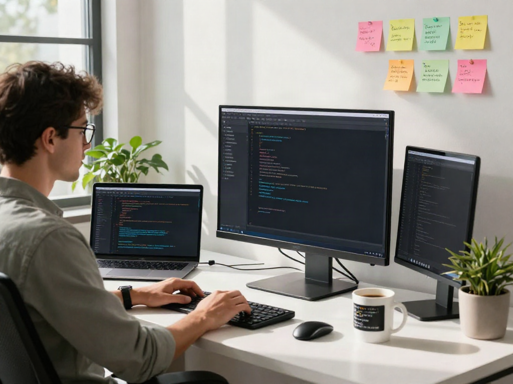 Web developer coding websites in a modern office