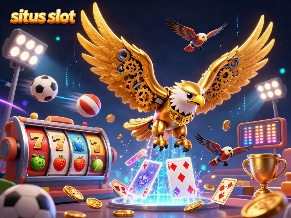 Situs slot illustration with a cybernetic golden eagle diving through playing cards, dynamic sports balls, and slot elements.