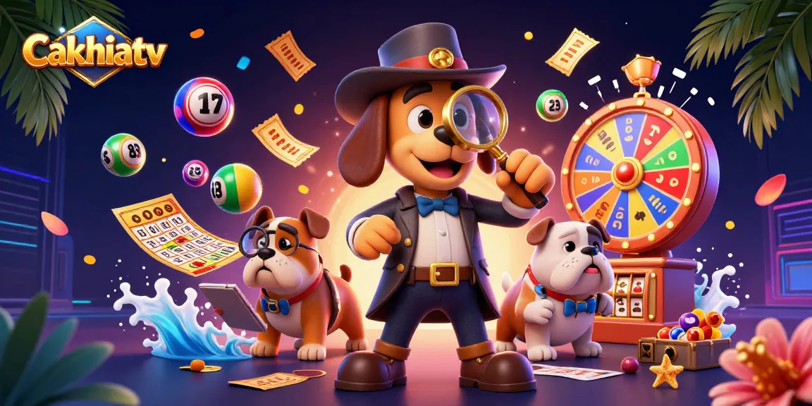 Cakhiatv showcases a detective cartoon examining a poker chip amidst vibrant gambling elements.
