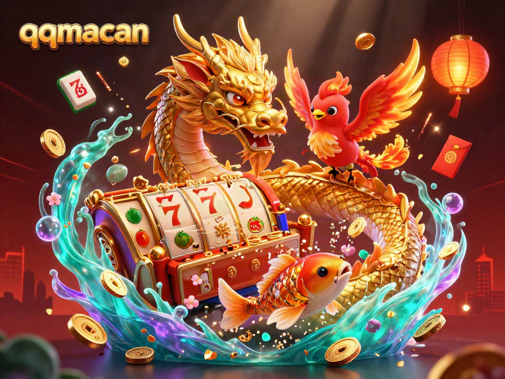 Engage with qqmacan's vibrant casino scene featuring a glowing dragon, phoenix, and koi fish amidst dynamic slot reels.