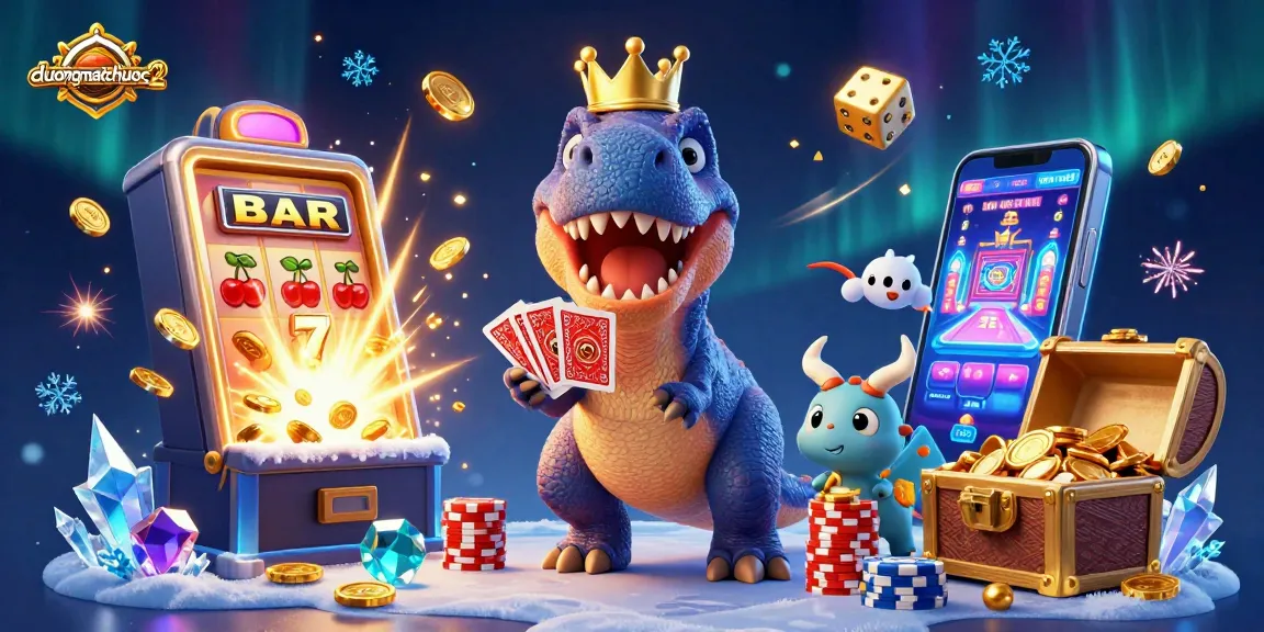 Experience duongmatchuoc2 excitement with friendly dinosaurs shuffling cards and stacking chips in a vibrant casino world.