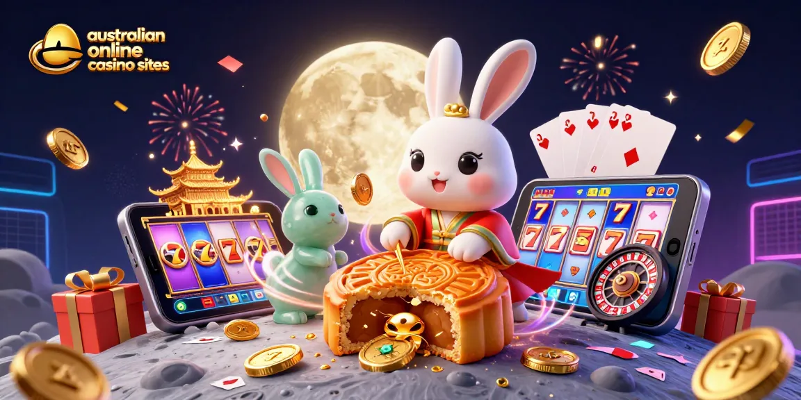 Engage with australian online casino sites in rich, 3D casino-themed festive illustration featuring poker chips and casino games.
