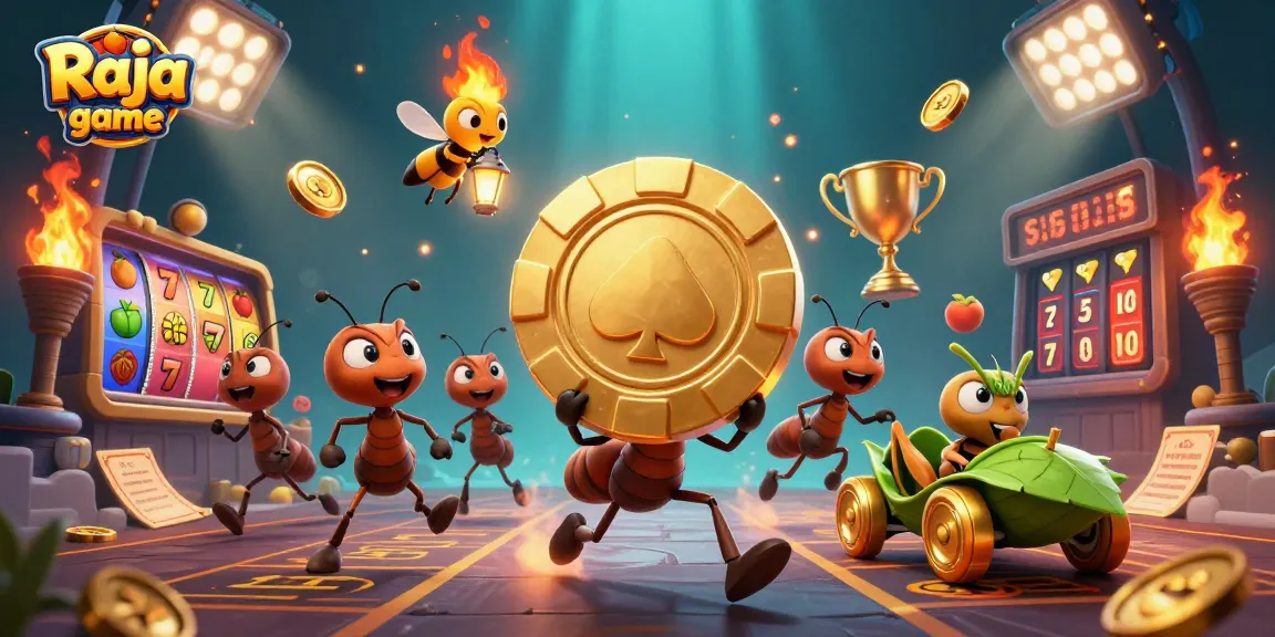 Experience the excitement of Raja game with a thief team of ants hauling a massive golden poker chip.