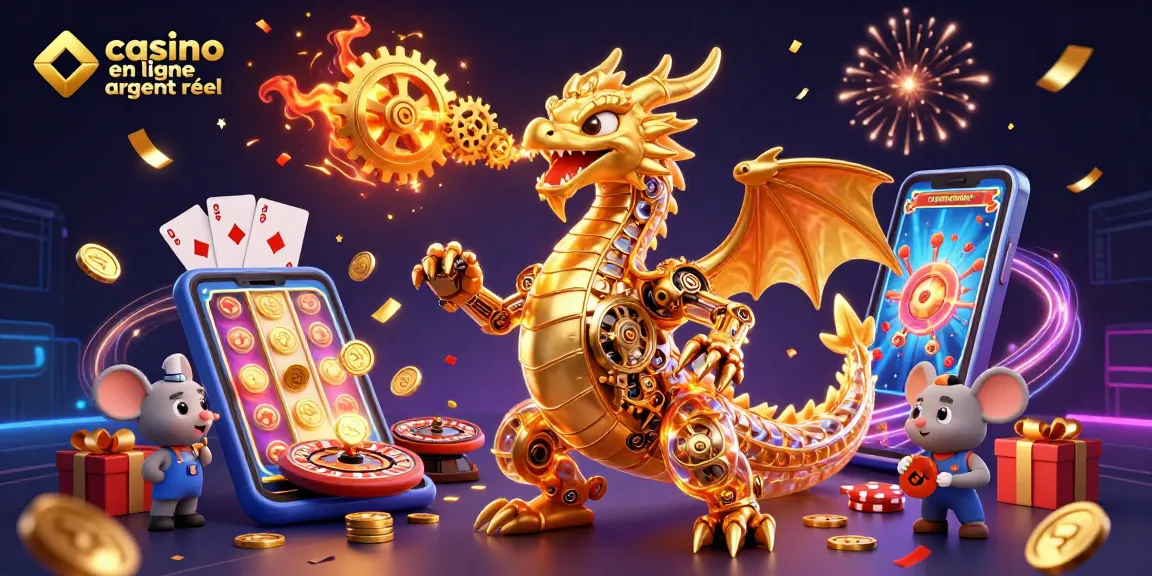 Illustration captivante de casino en ligne argent réel avec un dragon et des éléments de jeu animés.