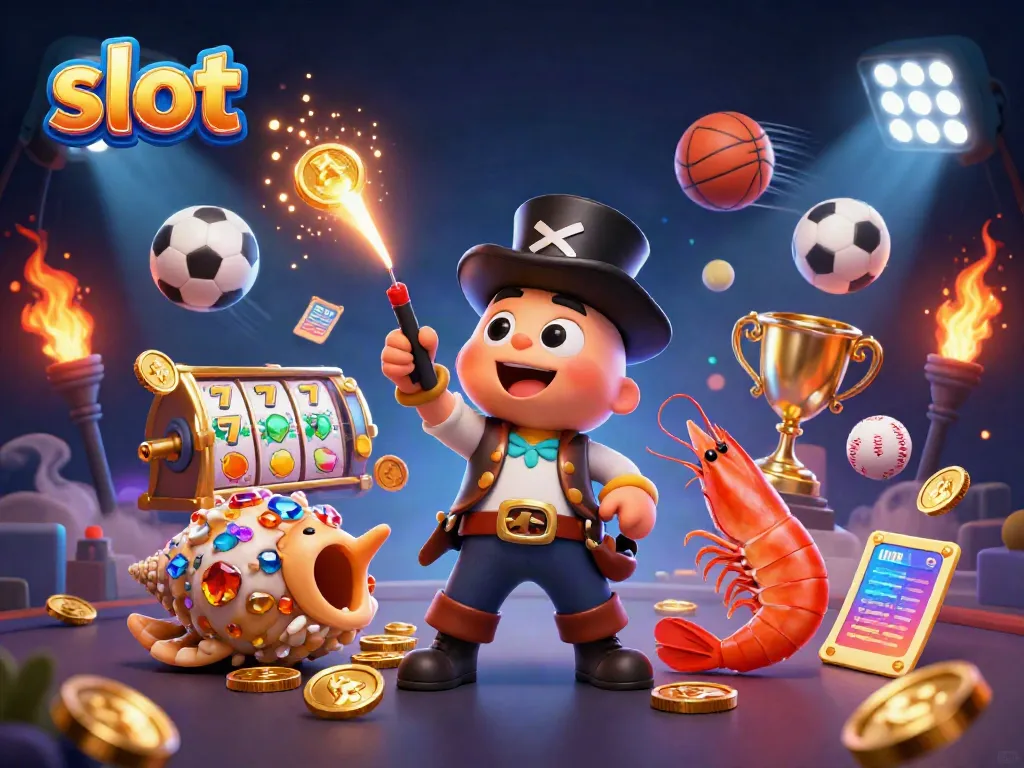 Slot permainan yang menyenangkan dengan karakter laut menarik koin emas di tengah suasana kasino.