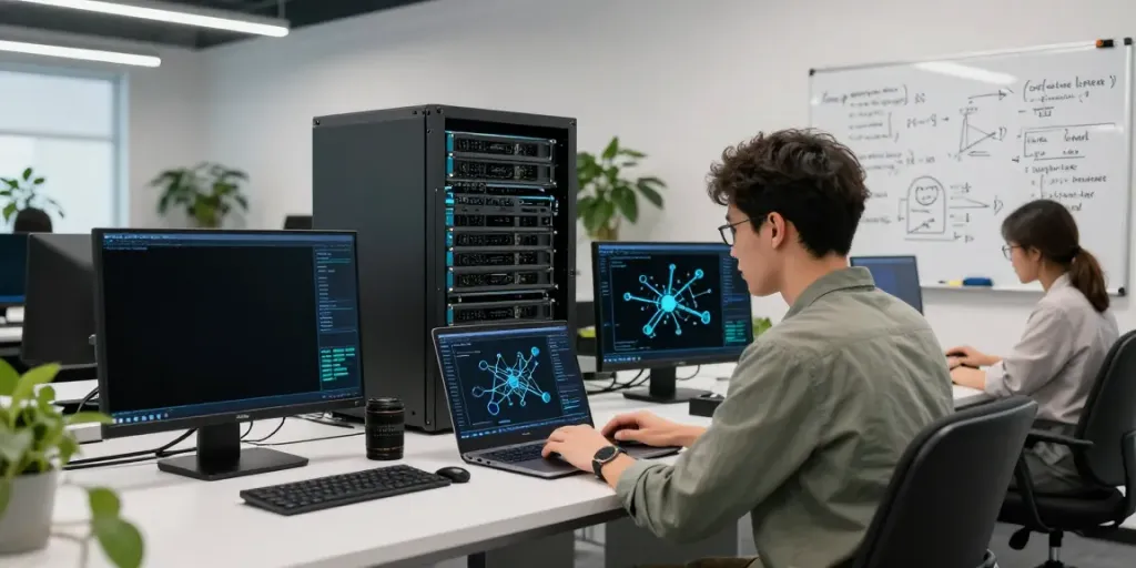Data scientist analyzing AI inference models in a modern tech workspace.