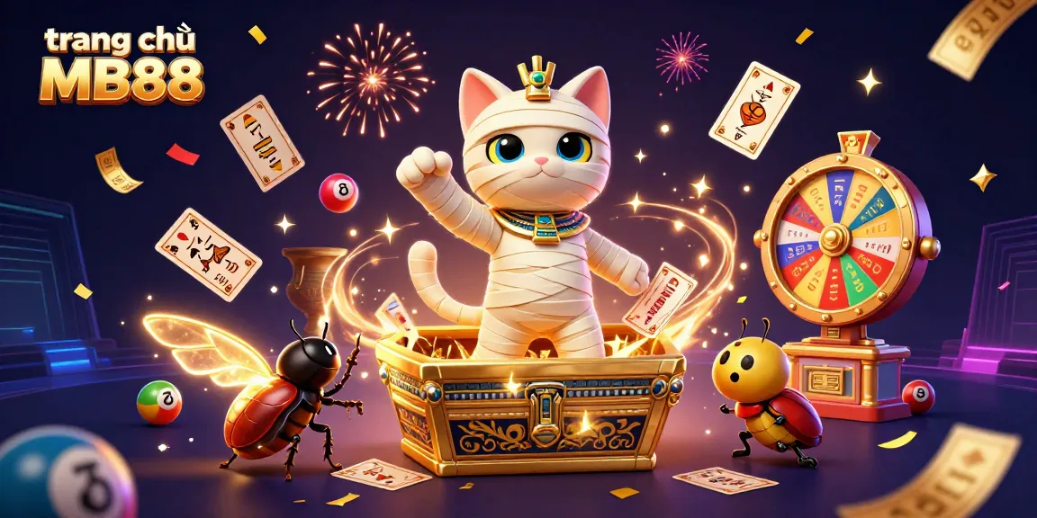 Experience the excitement of trang chủ MB88 with a vibrant 3D illustration featuring a mummy cat and glowing scarab.