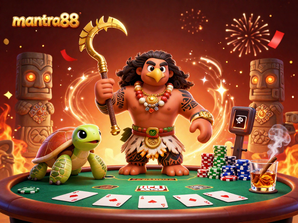 Experience mantra88's thrilling gaming action with a vibrant 3D casino scene featuring unique characters.