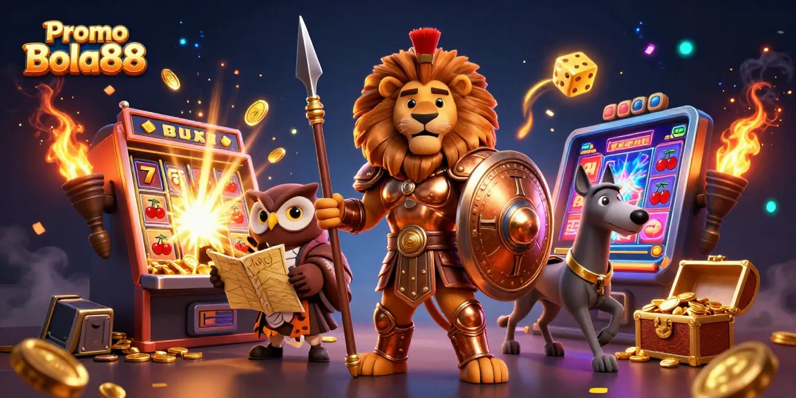 Experience the excitement of Promo Bola88 with a vibrant 3D illustration showcasing slots and casino elements.