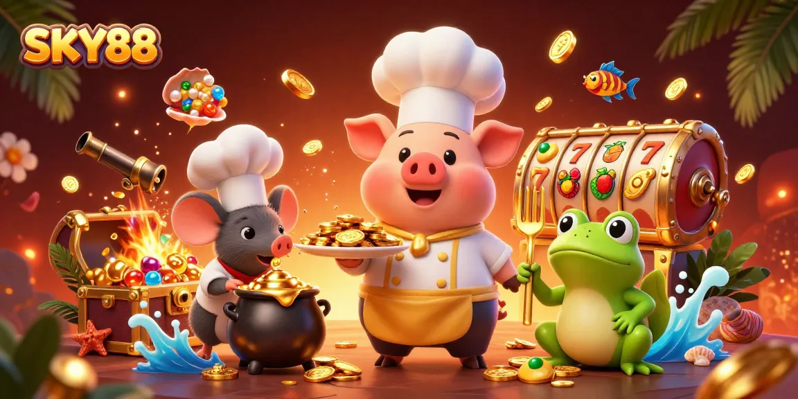 SKY88 presents a vibrant casino-themed scene with chef pig serving gold coins