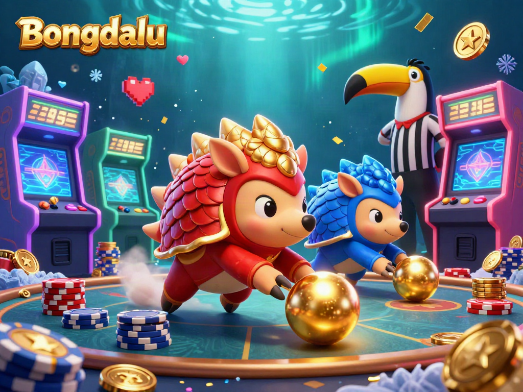 Bongdalu showcases rival pangolins competing in a cartoonish, dynamic gambling scene with poker chips and arcade elements.