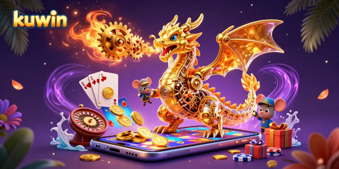 Kuwin online casino features a golden dragon and a mouse engineer amidst vibrant slot games and energetic elements.