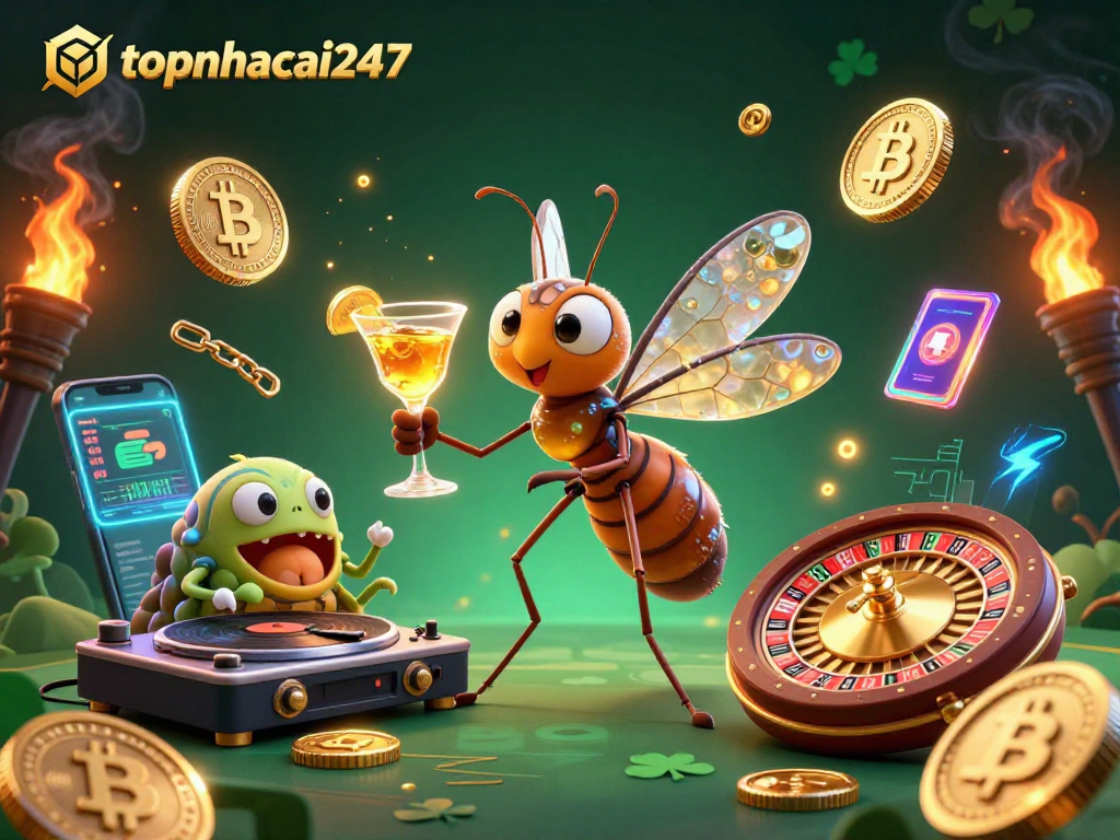 Engage with topnhacai247's vibrant casino scene featuring animated characters and crypto elements