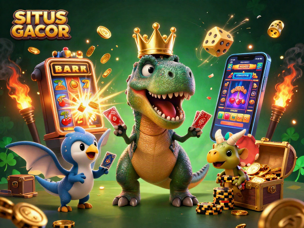SITUS GACOR shows a T-Rex shuffling cards with a pterodactyl, surrounded by casino action and jackpots.