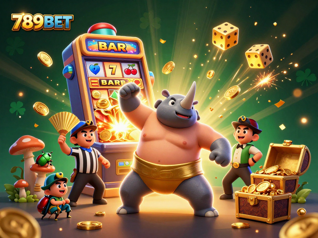 Experience thrilling gaming with the mighty 789BET as golden coins fly in a vibrant casino scene.