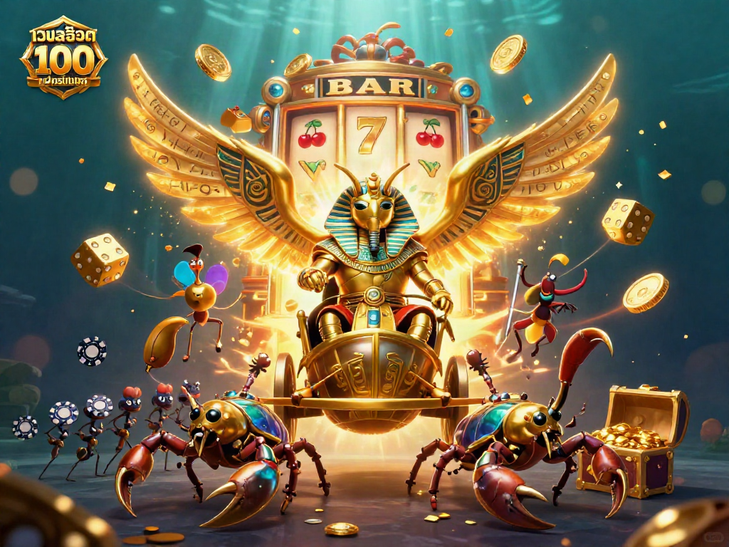 Experience the thrill of เว็บสล็อต แท้ 100 เปอร์เซ็นต์ with a dynamic casino-themed adventure featuring a colossal scarab beetle and treasure elements.