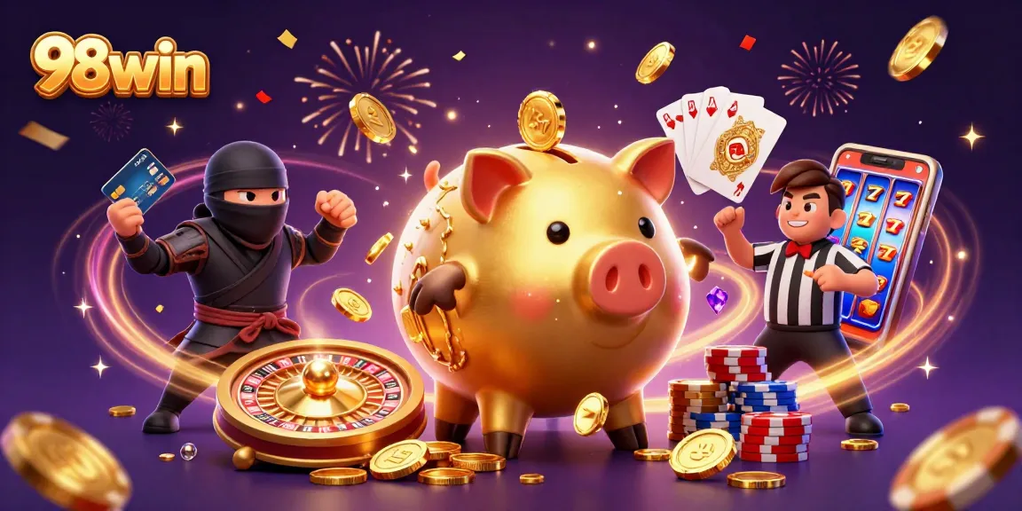 Experience thrilling moments with 98win as the golden piggy bank sumo wrestler unleashes golden coins in a lively casino scene.