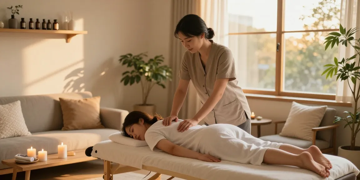 송파출장안마 professional massage setup in a serene home environment with warm lighting and calming elements.