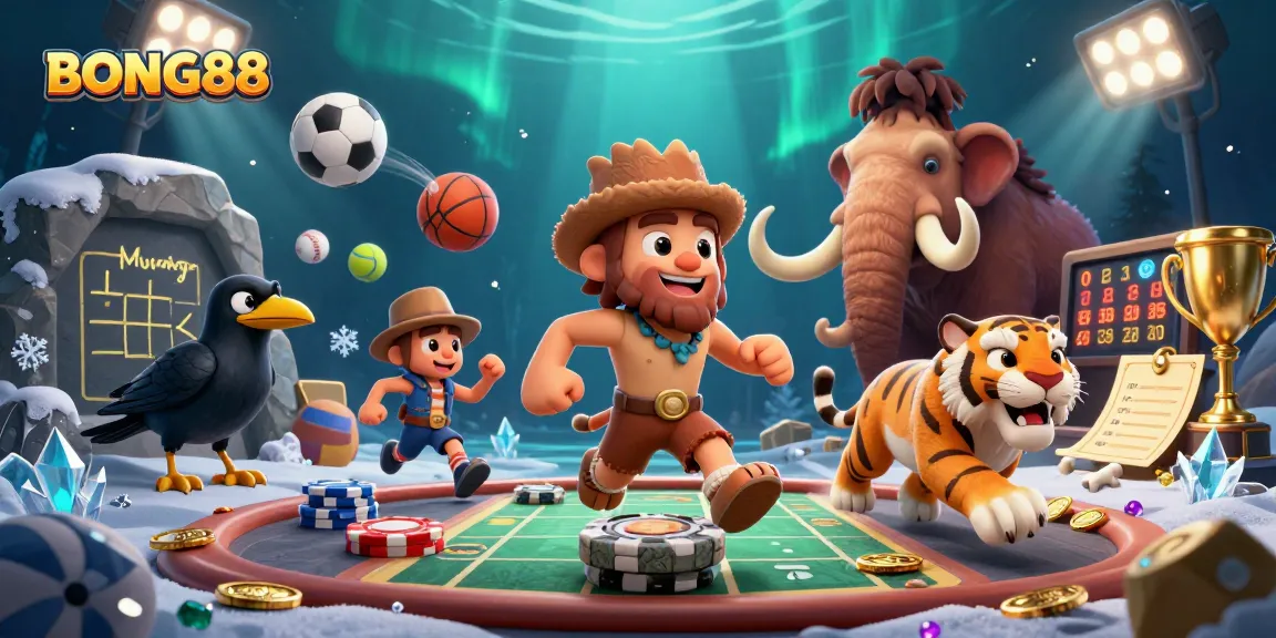 BONG88 showcases a lively prehistoric casino scene with a caveman, sabertooth tiger, and crow amidst sports-themed elements.