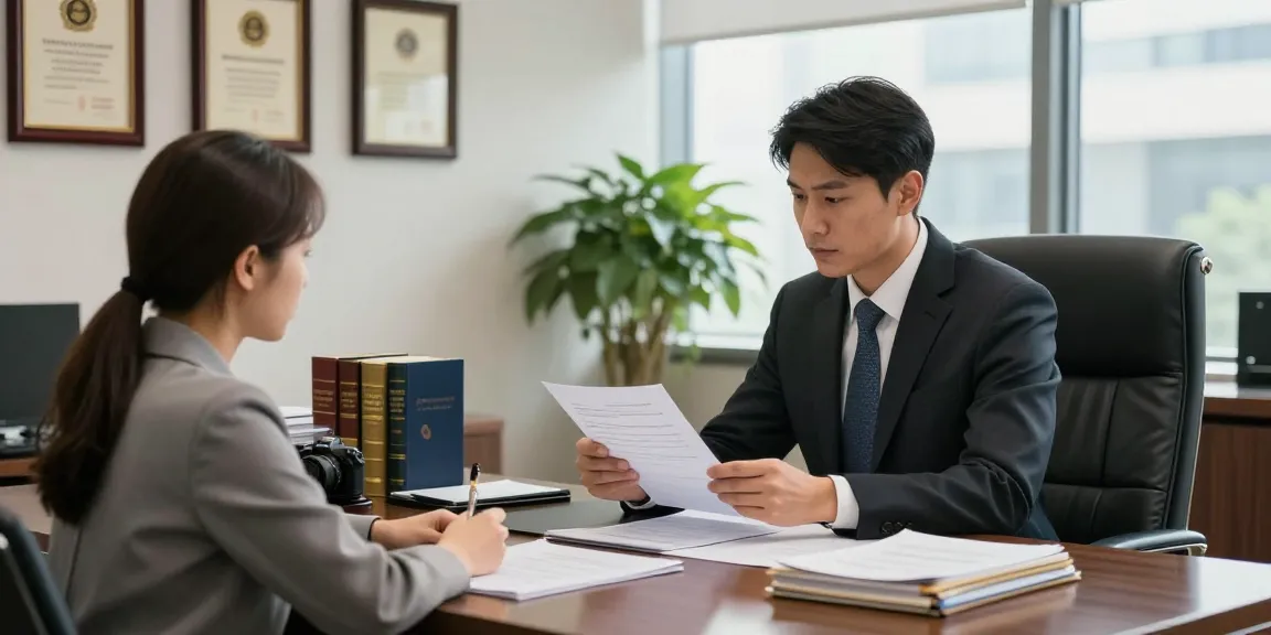 Check here for a professional legal consultation scene showing a lawyer assisting a client in a modern law office.