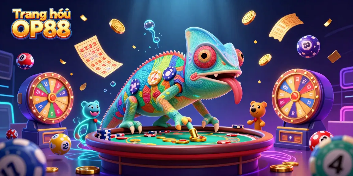 Experience the vibrant world of Trang chủ OP88 as a chameleon casino owner interacts with colorful lottery elements.