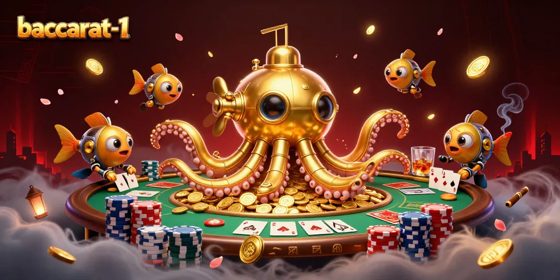 Engage with baccarat-1 as the golden kraken submarine surfaces through coins at a lively poker scene.