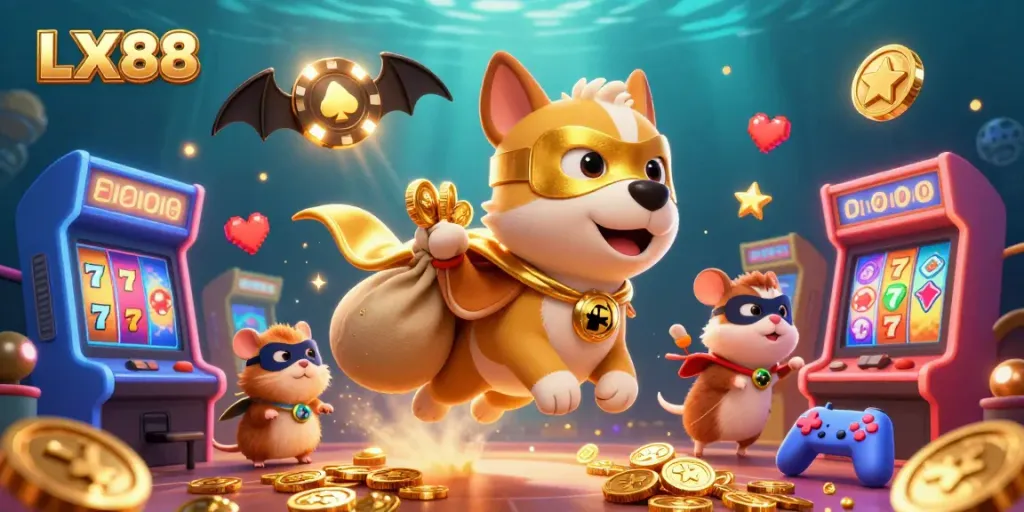 Play with LX88 in a vibrant 3D casino scene filled with slots, sparkling coins, and playful characters.